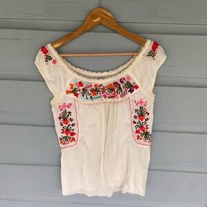 Free people floral embroidered ivory cream top S